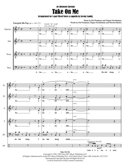 Free Sheet Music Take On Me Ssatb Vocal Percussion