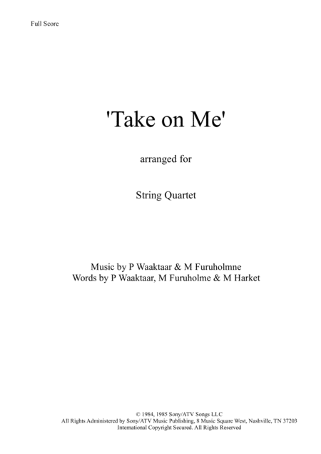 Free Sheet Music Take On Me String Quartet