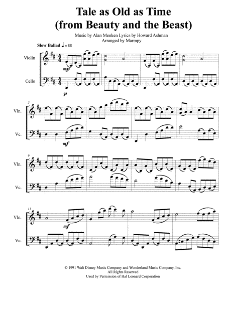 Tale As Old As Time From Beauty And The Beast Arranged For String Duet Sheet Music