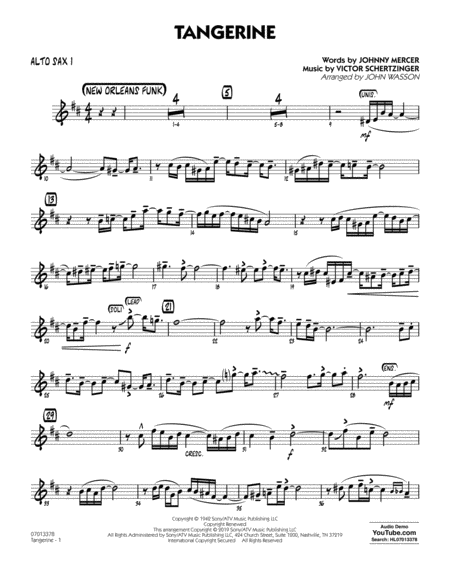 Tangerine Arr John Wasson Alto Sax 1 Sheet Music