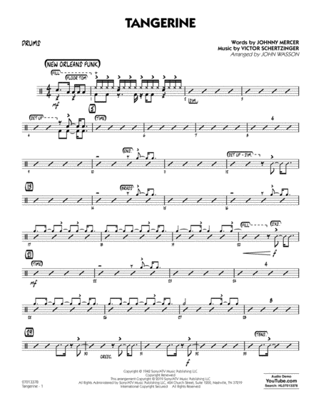 Tangerine Arr John Wasson Drums Sheet Music