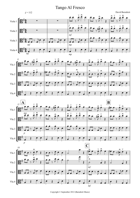 Tango Al Fresco For Beginning Viola Quartet Sheet Music