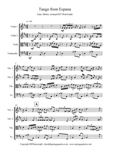 Tango From Espana By Albeniz Arranged For String Quartet With Score Parts Rehearsal Letters Mp3 Sheet Music