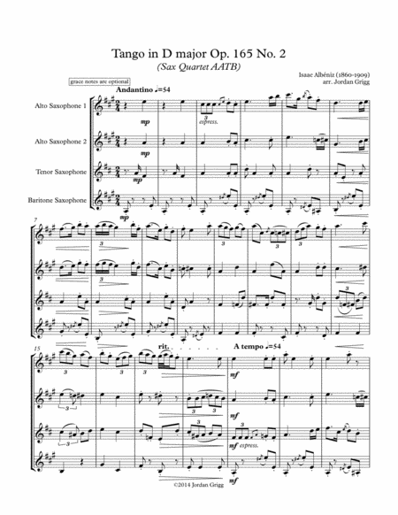 Free Sheet Music Tango In D Major Aatb Sax Quartet Op 165 No 2