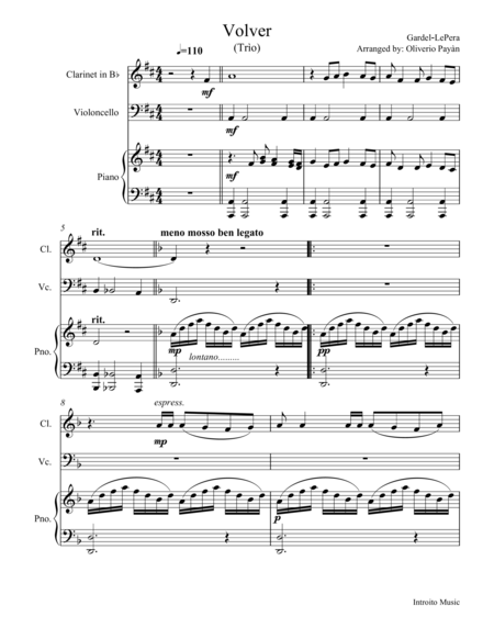 Tango Volver For Clarinet Violoncello And Piano Sheet Music