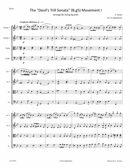 Free Sheet Music Tartini Devils Trill Sonata Bg5 Movement 1 Arranged For String Quartet