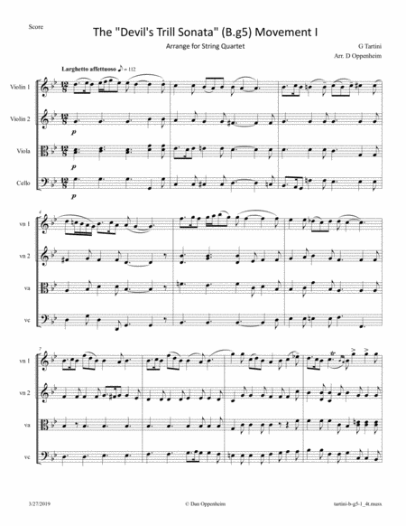 Tartini Devils Trill Sonata Bg5 Movement 1 Arranged For String Quartet Sheet Music