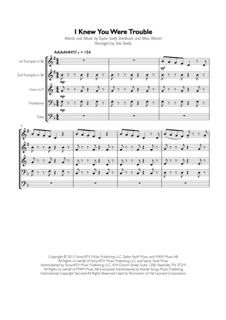 Taylor Swift I Knew You Were Trouble For Brass Quintet Sheet Music