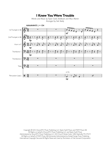 Taylor Swift I Knew You Were Trouble For Brass Sextet With Optional Drums Sheet Music