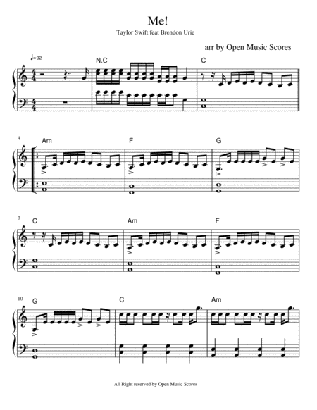 Taylor Swift Me C Major Easy Version Sheet Music