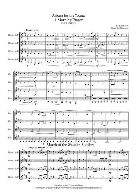 Tchaikovsky 4 Pieces From Album For The Young Horn Quartet Sheet Music