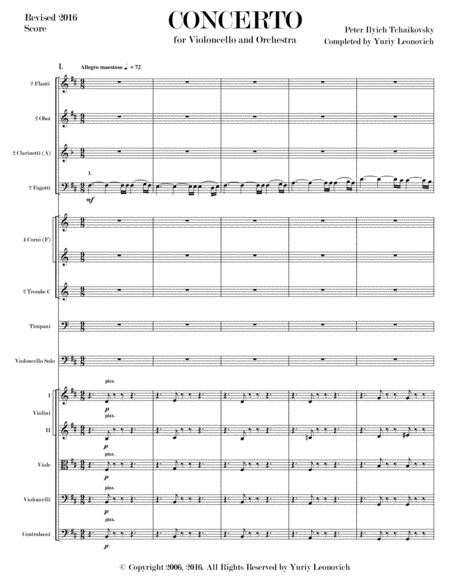 Tchaikovsky Cello Concerto Full Score Completed By Yuriy Leonovich Sheet Music