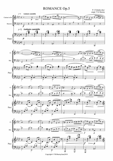 Tchaikovsky Romance Op 5 Clarinet Bassoon Piano Sheet Music