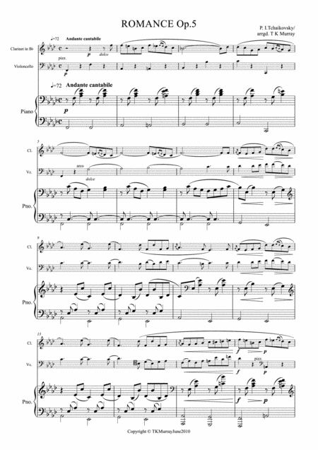 Free Sheet Music Tchaikovsky Romance Op 5 Clarinet Cello Piano