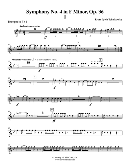 Tchaikovsky Symphony No 4 Movement I Trumpet In Bb 1 Transposed Part Op 36 Sheet Music