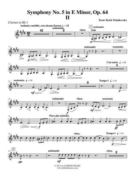 Tchaikovsky Symphony No 5 Movement Ii Clarinet In Bb 1 Transposed Part Op 64 Sheet Music