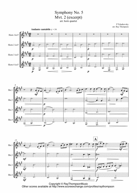 Free Sheet Music Tchaikovsky Symphony No 5 Op 64 Mvt Ii Andante Cantabile Extract Horn Quartet