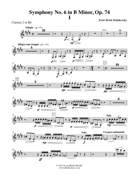 Tchaikovsky Symphony No 6 Movement I Clarinet In Bb 2 Transposed Part Op 74 Sheet Music