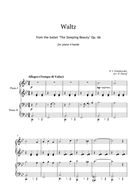 Free Sheet Music Tchaikovsky Valtz From The Ballet The Sleeping Beauty For Piano 4 Hands