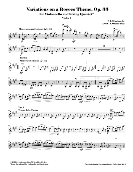 Tchaikowsky Variations On A Rococo Theme For Violoncello And Orchestra Op 33 Accompaniment Reduction For String Quartet Parts Sheet Music