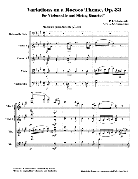 Tchaikowsky Variations On A Rococo Theme For Violoncello And Orchestra Op 33 Accompaniment Reduction For String Quartet Score And Parts Sheet Music