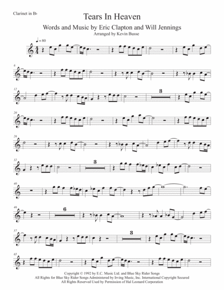 Tears In Heaven Easy Key Of C Clarinet Sheet Music