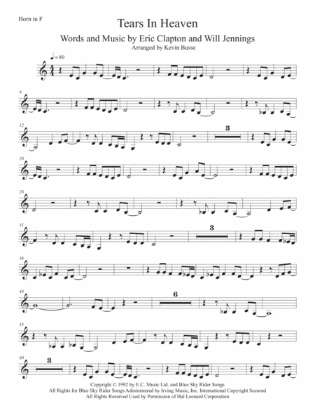 Tears In Heaven Easy Key Of C Horn In F Sheet Music