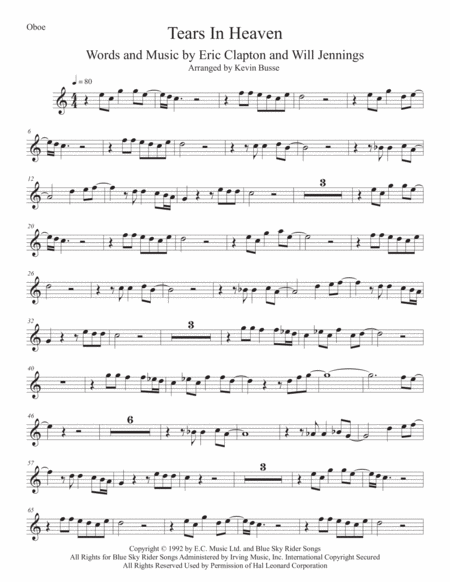 Tears In Heaven Easy Key Of C Oboe Sheet Music