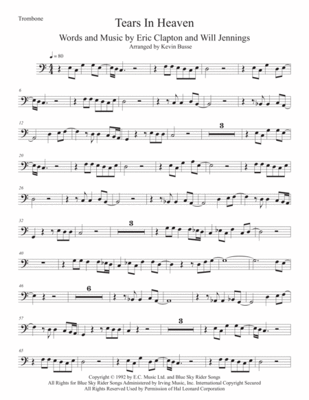 Free Sheet Music Tears In Heaven Easy Key Of C Trombone