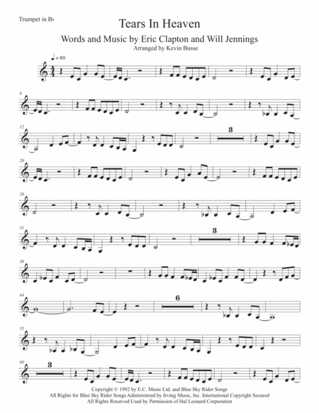 Tears In Heaven Easy Key Of C Trumpet Sheet Music