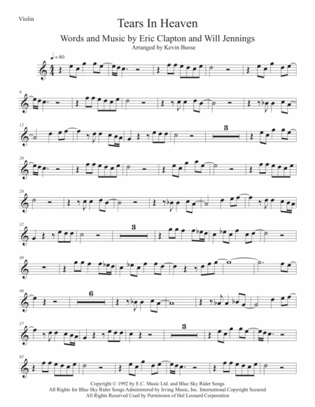 Tears In Heaven Easy Key Of C Violin Sheet Music