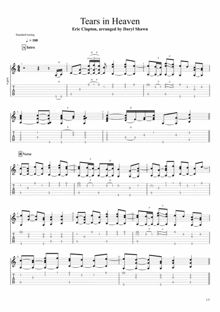 Tears In Heaven Eric Clapton For Solo Fingerstyle Guitar Sheet Music