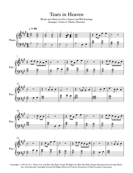 Tears In Heaven Piano Very Easy Sheet Music