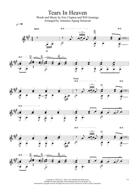 Tears In Heaven Solo Guitar Score Sheet Music