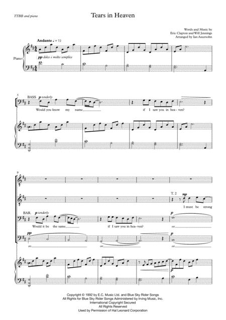 Tears In Heaven Ttbb And Piano Sheet Music