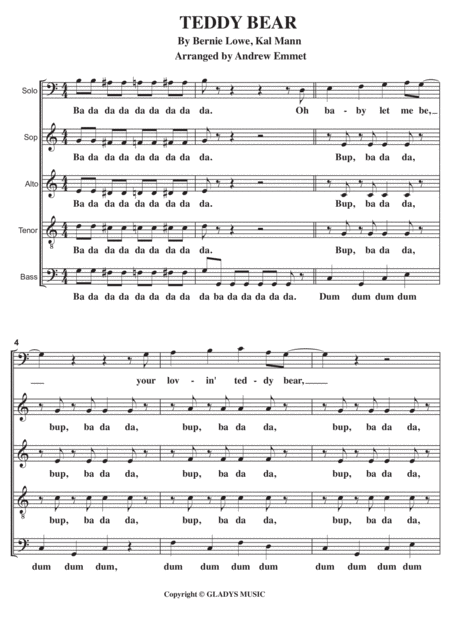 Free Sheet Music Teddy Bear A Cappella