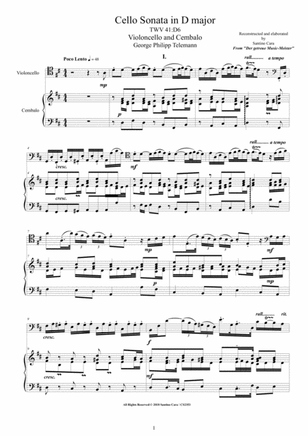 Telemann Cello Sonata In D Major Twv41 D6 For Violoncello And Cembalo Or Piano Sheet Music