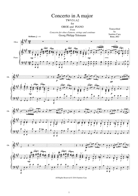 Free Sheet Music Telemann Concerto In A Major Twv51 A2 For Oboe And Piano