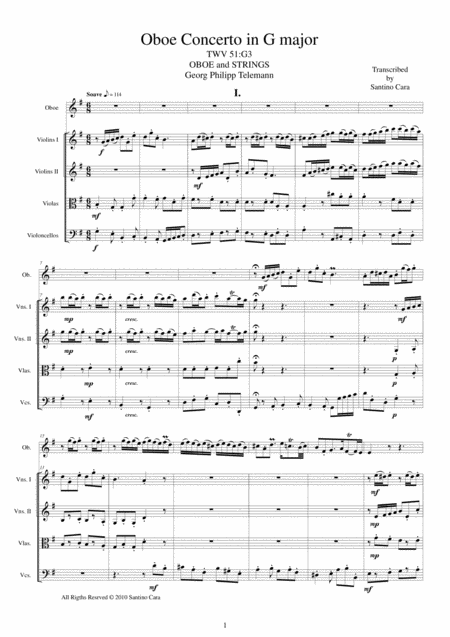 Free Sheet Music Telemann Concerto In G Major Twv51 G3 For Oboe And Strings