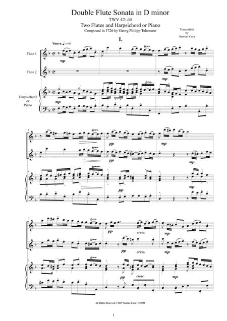 Telemann Double Flute Sonata In D Minor Twv 42 D4 For Two Flutes And Harpsichord Or Piano Sheet Music