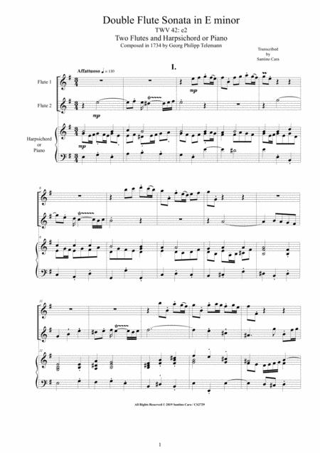 Telemann Double Flute Sonata In E Minor Twv 42 E2 For Two Flutes And Harpsichord Or Piano Sheet Music