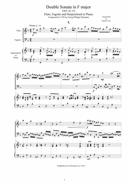 Telemann Double Sonata In F Major Twv 42 F3 For Flute Fagotto And Harpsichord Or Piano Sheet Music