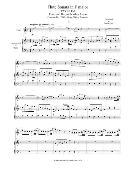 Telemann Flute Sonata In F Major Twv 42 Es3 For Flute And Harpsichord Or Piano Sheet Music