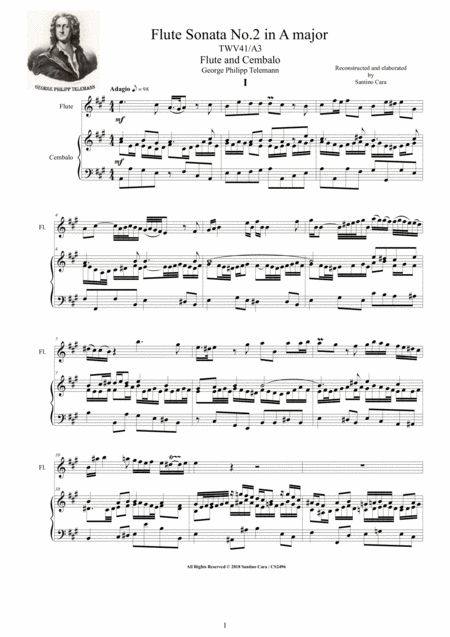 Telemann Flute Sonata No 2 In A Major Twv41 A3 For Flute And Cembalo Or Piano Sheet Music