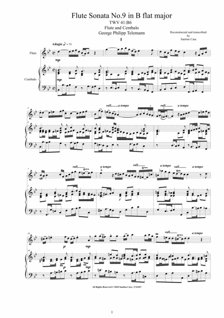 Telemann Flute Sonata No 9 In B Flat Twv 41b6 For Flute And Cembalo Or Piano Sheet Music