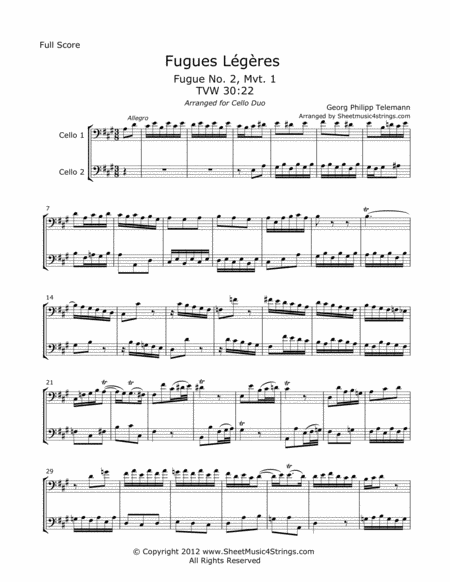 Telemann G Fugues Legeres For Two Cellos Sheet Music