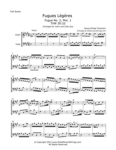 Free Sheet Music Telemann G Fugues Legeres For Violin And Cello