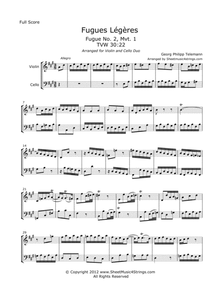 Telemann G Fugues Legeres For Violin And Cello Sheet Music