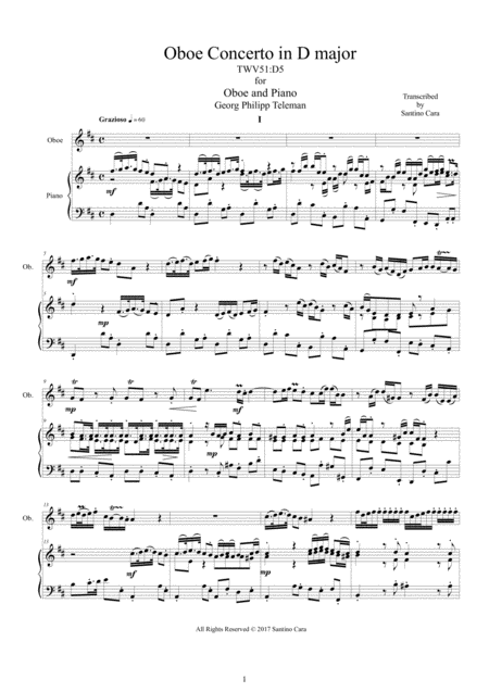 Telemann Oboe Concerto In D Major Twv 51d5 For Oboe And Piano Sheet Music