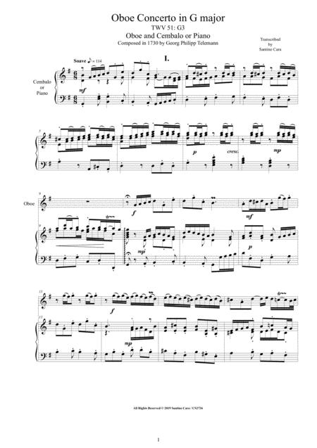 Telemann Oboe Concerto In G Major Twv 51 G3 For Oboe And Cembalo Or Piano Sheet Music